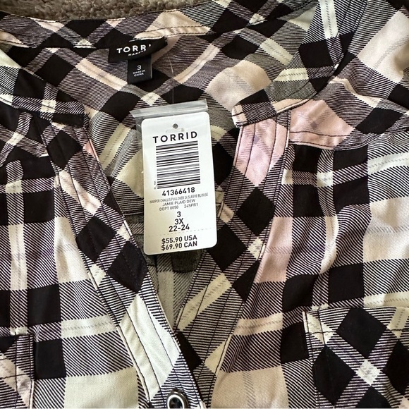 NWT Torrid Harper Challis Pullover 3/4 Sleeve Blouse Jamie Plaid Dew Pink - Picture 6 of 7